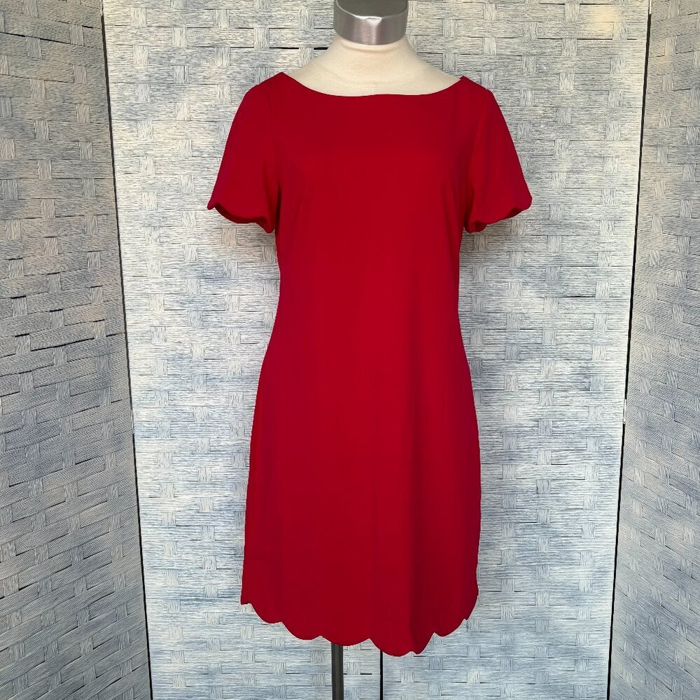 Anne Klein Small Shift Dress Red Scalloped Hem Short‎ Sleeve